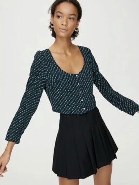 Aritzia Teal Scoop-Neck Button Front Blouse with Dot Stripe Print